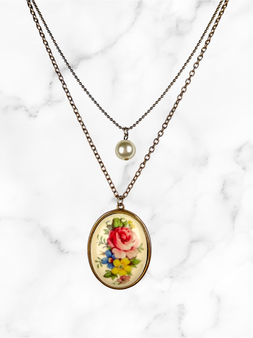 Vintage Floral Rose Pendant Necklace Double Strand Faux Pearl Brass Tone 18"